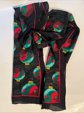 Ralph Marlin 1997 Holiday Ornament Silk Scarf - Black with Red & Green